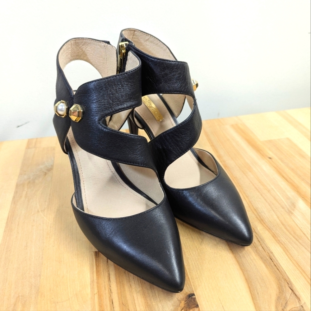 Louise Et Cie Elegant Black Leather Heels Pearl Wide Strap Stilletto 6 36.5